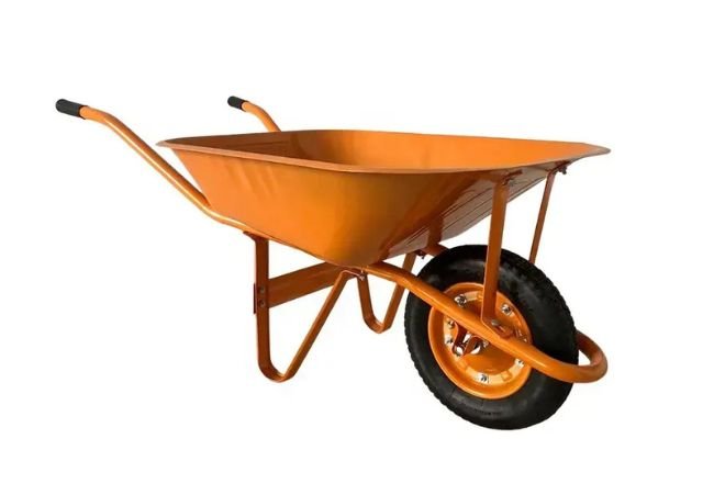 Dark orange heavy duty wheelbarrow.