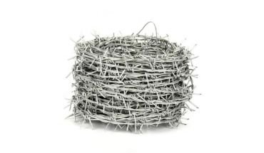 Galvanized barbed wire in silver color.