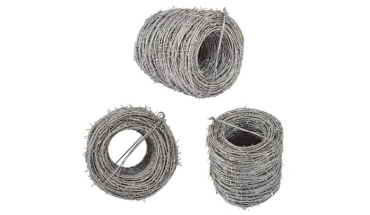 Galvanized iron barbed wire in three views.