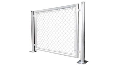 Galvanized metal chain link temporary fence in solid posts.