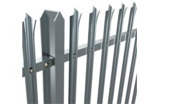 Galvanized palisade metal fence in silver color.
