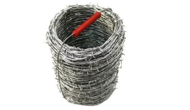 Galvanized barbed wire with red handle.