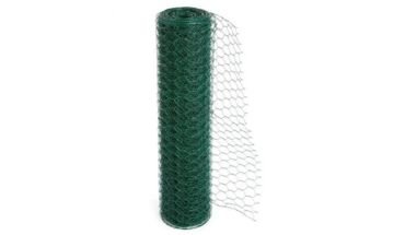 Galvanized wire mesh hexagonal fencing barrier in green color.