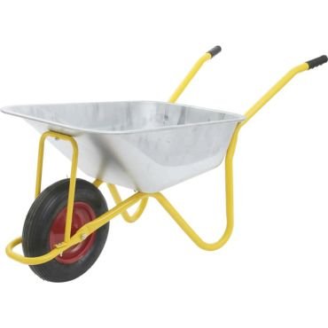 Heavy duty construction steel wheel barrow with solid wheel in red.