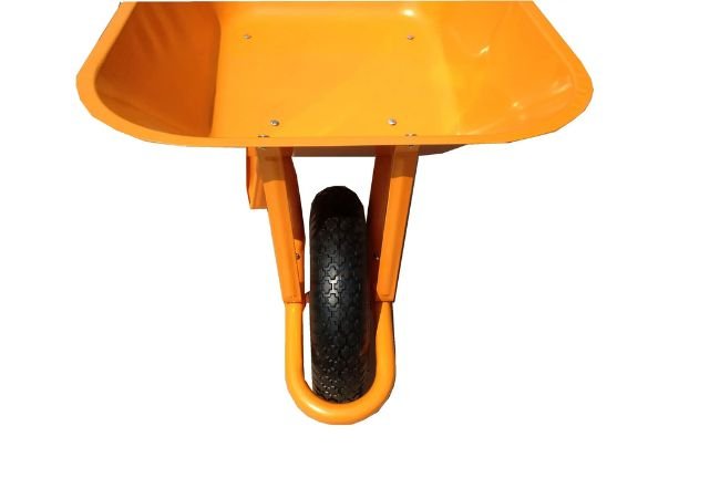 Heavy duty wheelbarrow with single wheel.