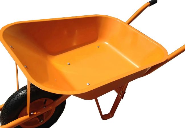 Heavy duty wheelbarrow with wide tray.