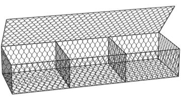 Hexagonal hole gabion box wire mesh in three parts.