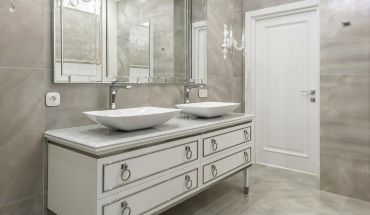 Wash basins for a hotel bathroom.
