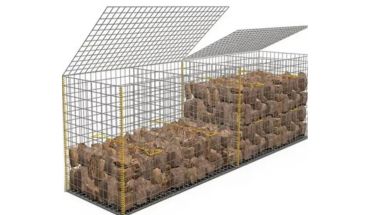 Iron wire mesh galvanized welded gabion basket with brown stones.