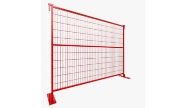 Retractable portable temporary metal fence in red color.