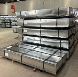 Stacked roofing sheets in a palette.
