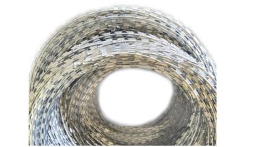 Stainless steel concertina razor wire in roll.