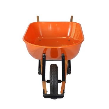 Steel tray heavy duty wheelbarrow with wood handles.