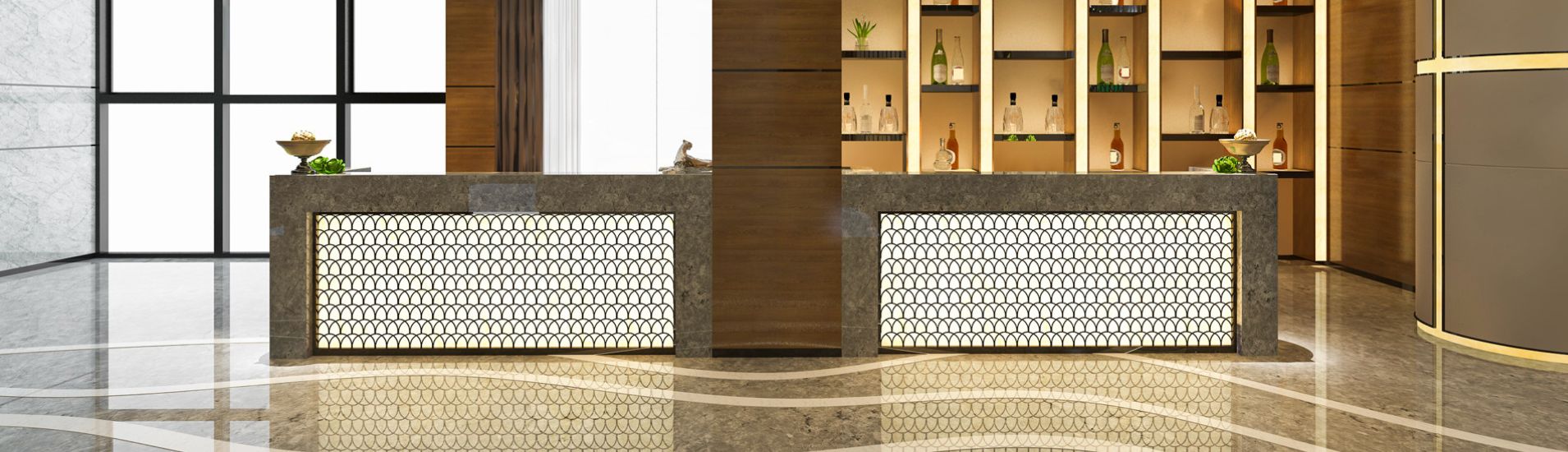 Living room with an elegant tile design.