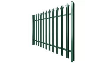 Green vertical tubular steel picket palisade fence.