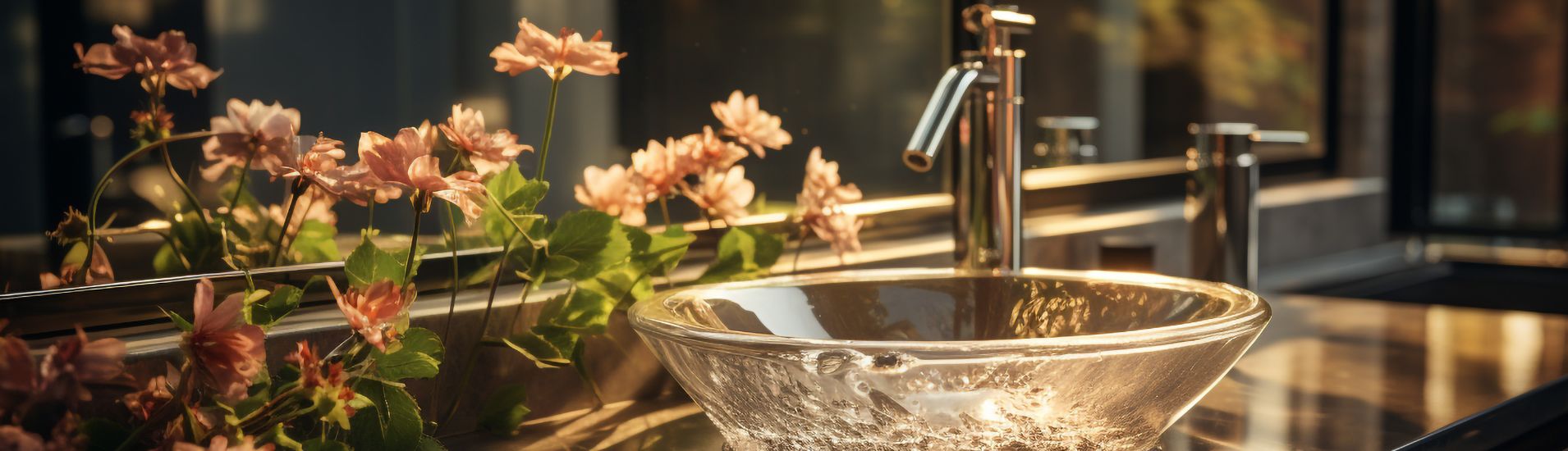 Glass elegant wash basin with flower side decor.