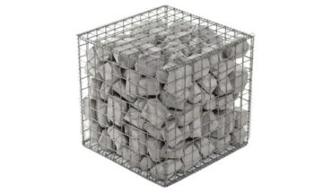 Welded gabion box protection with gray stones.