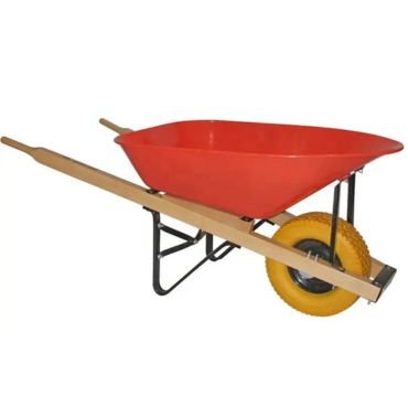 Wheelbarrow with steel tray and PU wheel in yellow color.