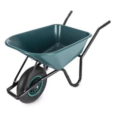Heavy duty wheelbarrow with metal tray single wheel in dark green color.