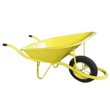 Heavy duty wheelbarrow with solid wheel metal tray in yellow color.