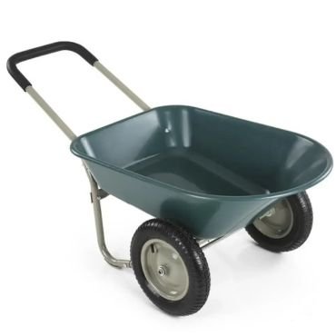 Heavy duty wheelbarrow with steel handle and metal tray.