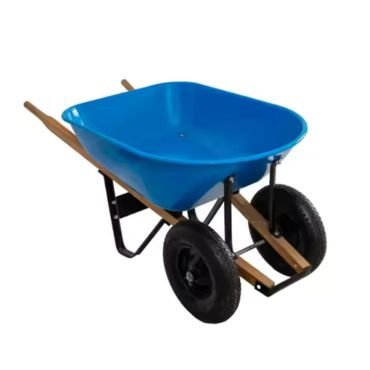 heavy duty wheelbarrow with two wheels and wooden handle features.