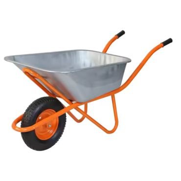 Heavy duty wheelbarrow with galvanized steel tray.