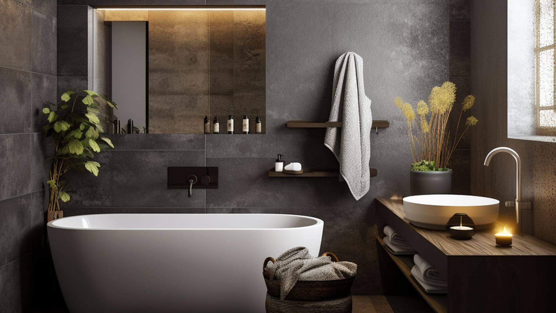 Bathroom with modern style black color interior.