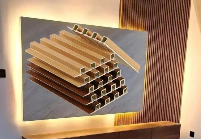 Brown indoor WPC board panel for bedroom.