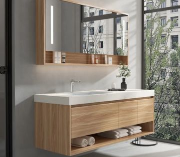 Cabinet for vanity in wood accent style.