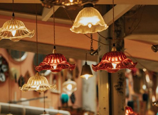 Colorful light and bulbs in the ceiling.