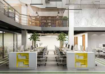 Office with bright lighting and bulbs in minimalist set up.