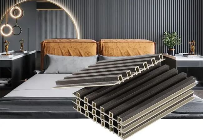 Indoor WPC board panel gray color bedroom decor.