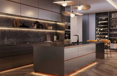 Kitchen cabinets in modern style brown shade.