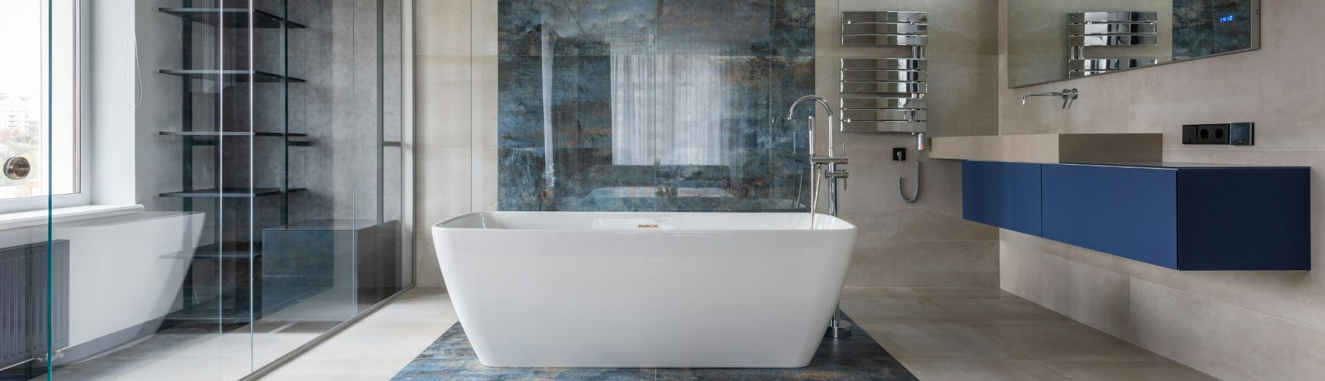 Modern bathtub in a bathroom.