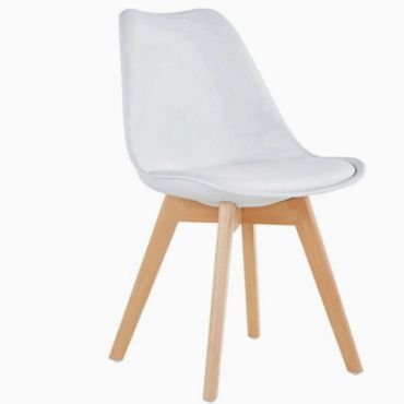 Modern plastic dining chair in white and wood accent.