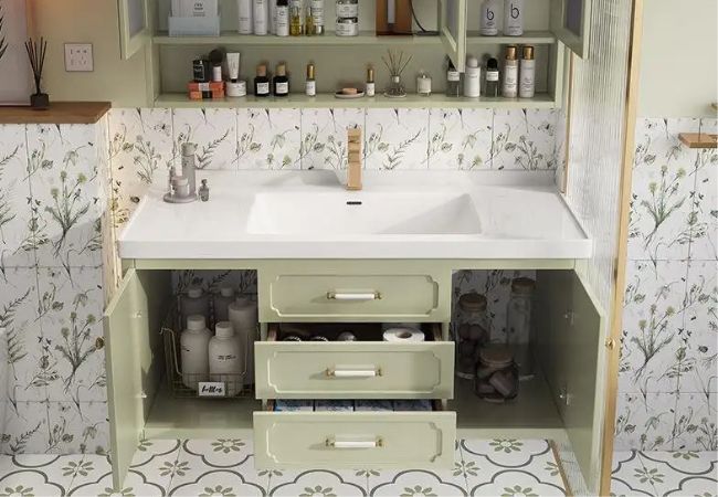 Olive color sink bathroom cabinet.