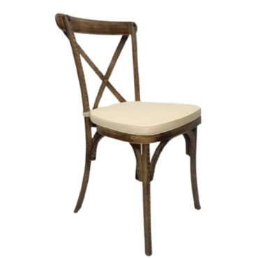 Resin crossback dining chair with arm swivel.