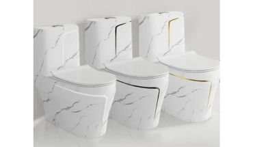 Siphonic one piece dual flush toilet with water closet features.