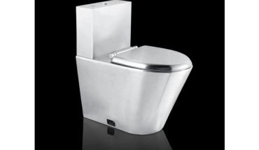 Stainless steel dual flash toilet in modern style.