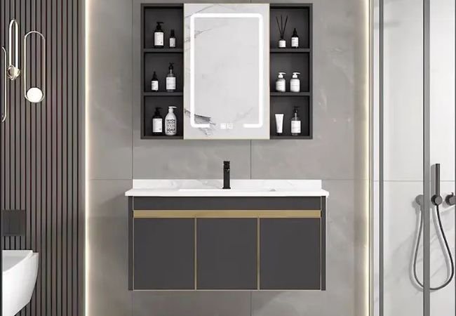 Stainless steel bathroom cabinet in gray color.