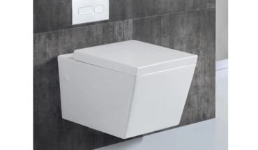Tankless wall hung toilet bowl in square shape.