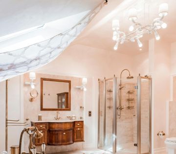 Vanity with wood cabinet in elegant design.