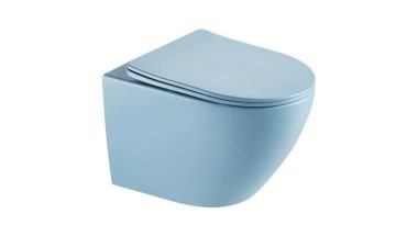 Wall hung mounted porcelain toilet in blue pastel color.