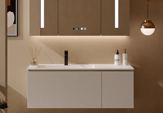 Wall mounted bathroom cabinet in minimalist style.