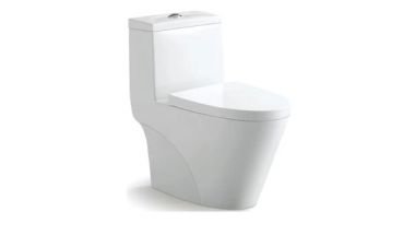 Water saving round and elongated toilet in glossy white design.