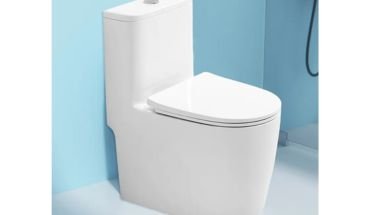 White floor mounted ceramic dual flash toilet.