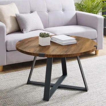 Wood coffee table with metal feet.