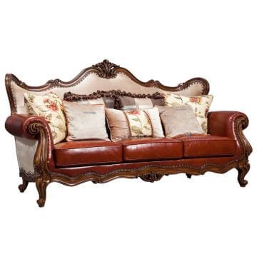 Classic furniture solid wood sofa in brown hues.