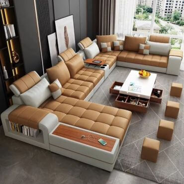 Large luxury modern sectional sofa in brown leather cover color.